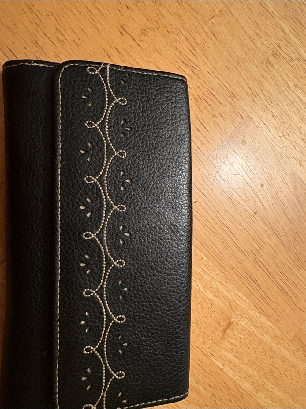 Black Wallet with Decorative Cream Stitching